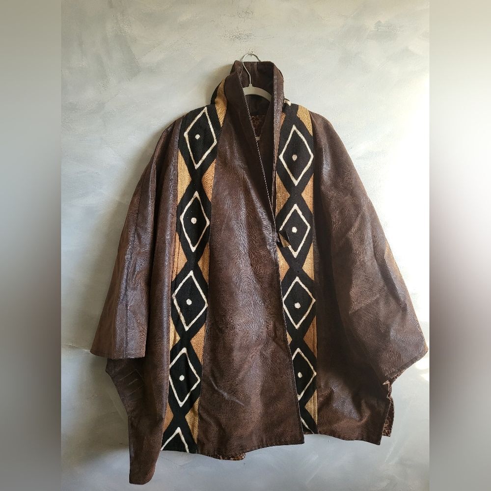 OVERSIZED single button leather and fabric cheetah liner mud cloth jacket OS